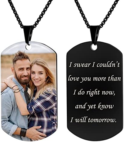 Fanery sue Custom Dog Tag Necklace for Men Women, Memorial Necklace with Picture, Photo Engraved Pendant (1.2 Black pendant&Black chain)