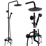 Oil Rubbed Bronze Shower Faucet 8-inch Rainfall Shower Head Fixture with Handheld Spray Double Lever Handle Bathtub Spout Triple Function Bathroom Wall Mount