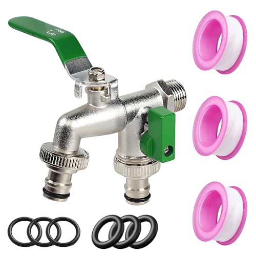 Double Garden Tap, 1/2 Inch Brass Double Water Tap, Outside Faucet Outside Tap with 1/2 inch Brass Water Faucet and 2X3/4 inch Outlet Double for Garden Household Industry(Grenn)
