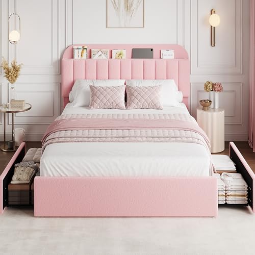 GarveeHome Queen Bed Frame with Storage Headboard, Girls Bed Frame with 2 Drawers, Boucle Upholstered Platform Bed with Bookcase, No Box Spring Needed, Easy Assembly, Pink