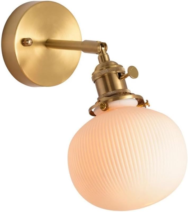 Vintage Globe Wall Sconce, Ribbed Ceramic Shade with Brass Arm and Rotary, Mid Century Wall Light, Bedside Reading Wall Lamp for Bedroom, Vanity, Hallway, Living Room, Loft Parlor