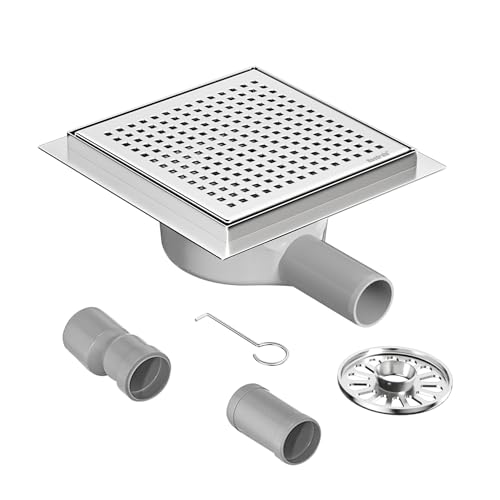 Neodrain Bodenablauf Dusche Edelstahl Duschrinne mit 360° Siphon, Geruchsverschluss, Haarsieb und 2 Ablaufadapter, Ablaufrinne Duschablauf 15 x 15 cm