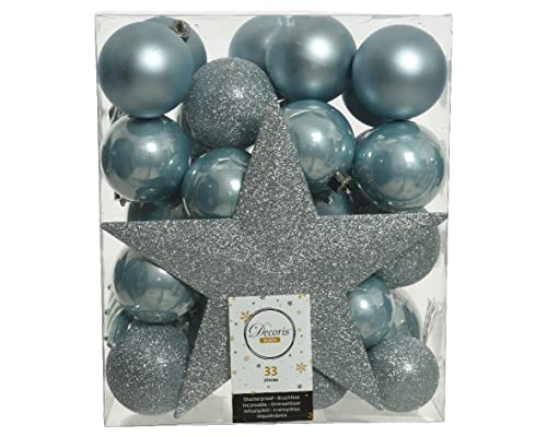 Kaemingk Weihnachtskugeln Kunststoff 5-8cm mit Christbaumspitze Stern 33er Set bruchsicher hellblau Nebelblau