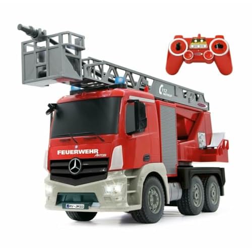 JAMARA 404960 - Feuerwehr Drehleiter 1:20 Mercedes Antos 2,4G - deutsche Sirene mit blauen LED Signallichtern, 420 ml Wasserbehälter, reale Spritzfunktion, programmierbare Funktionen, 4 Radantrieb