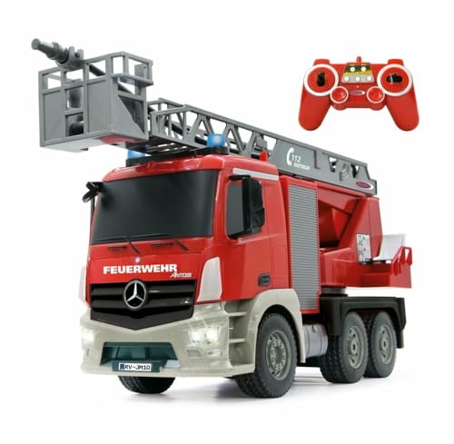JAMARA 404960 - Feuerwehr Drehleiter 1:20 Mercedes Antos 2,4G - deutsche Sirene mit blauen LED Signallichtern, 420 ml Wasserbehälter, Reale Spritzfunktion, programmierbare Funktionen, 4 Radantrieb