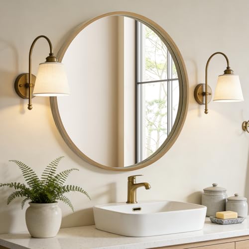 Image of WallBeyond Round Wood Mirror, 32 inch Round Modern Decoration Large Circle Wall Mirror for Bathroom Living Room Bedroom Entryway, Natural