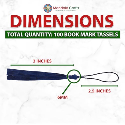 Image of Mandala Crafts Small Navy Blue Bookmark Tassels - 100 Bulk Silky Mini Craft Tassels with Loops for Bookmarks, Jewelry Making, Graduation Decorations, and Keychains