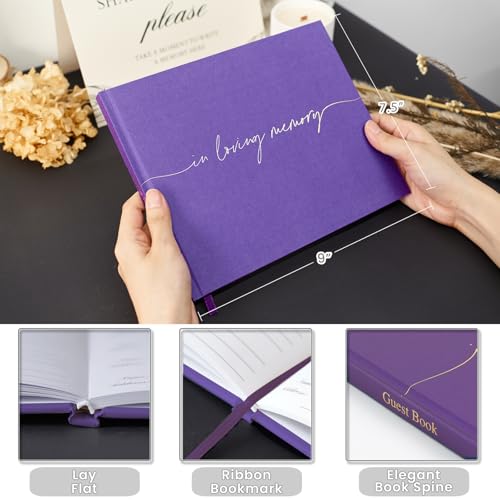 Image of Funeral Guest Book for Memorial Service, in Loving Memory 9x7.5 | 320 Entries, Table Sign Card Included, Gold Stamping, Twill-Textured Paper Cover, Celebration of Life Keepsake, Purple