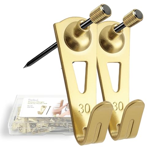 Image of Picture Hangers, Extra Thick, 30 lb, for Decorative Drywall & Plaster Walls - Small Nails for Painting, Frame Hooks to Hang for Hanging, 100 pcs, Gold