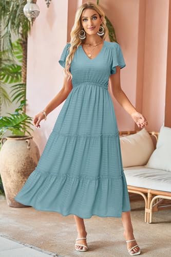 Image of VOTEPRETTY Women's 2026 Summer Boho Maxi Dresses Flutter Short Sleeve V Neck Casual Beach Wedding Guest Vacation Long Dress