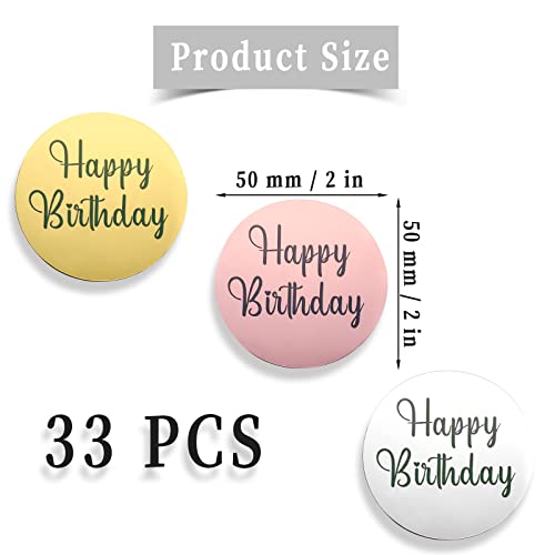 Aiex 33Pcs Acrylic Happy Birthday Topper, Acrylic Happy Birthday Disc Mirror Acrylic Cupcake Toppers Mini Acrylic Cupcake Toppers Custom Cake Topper Name (Gold, Silver And Rose Gold, Round) #TOP1