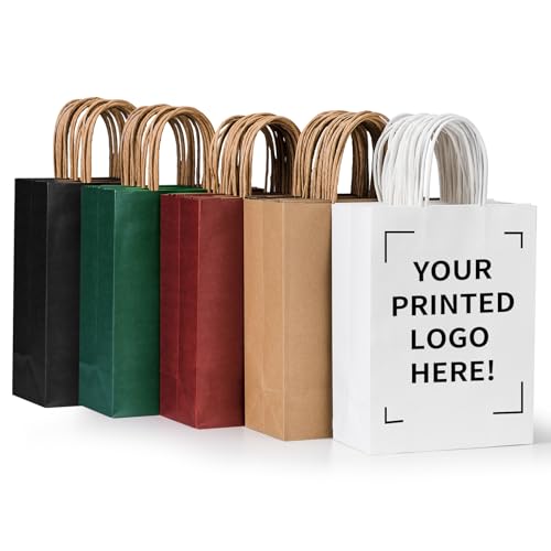 METAPRINT 50 PCS Custom Printed Kraft Paper Bags for Small Business, 8×4.5×10.8 Inch Medium Size, Personalized Retail Gift Bags with Logo, Brown Shopping Paper Bag with Handle, Goodie Bag