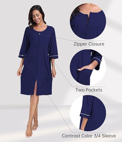 CF Women's 100% Cotton Zipper Robes 3/4 Sleeve Loungewear Knee Length Housecoat Lightweight Zip Up Nightgowns with Pockets3