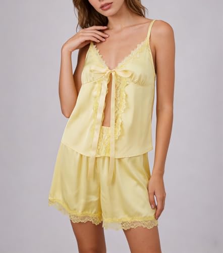 Image of ROAONOCOMO Women Lace Trim Pj Shorts Set Square Neck Coquette Tank Top Silk Satin Pajama Set Babydoll 2 Piece Shorts Outfit