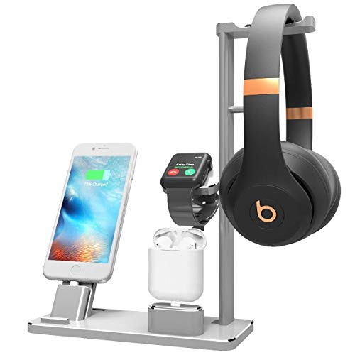 YOMENG Support de Charge pour Apple Watch Casque,Support de Station de Charge 4 en 1 en Aluminium pour iPhone X/8 Plus/XS Max/XR, iPad, AirPods, Iwatch Series 4/3/2/1 (Argent)