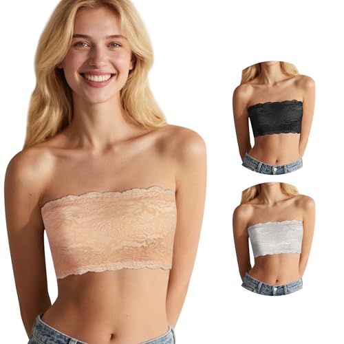 Lace Bandeau Bras for Women - Wireless Tube Bra Strapless Lace Bralette Top Bra Full Coverage No Underwire Floral