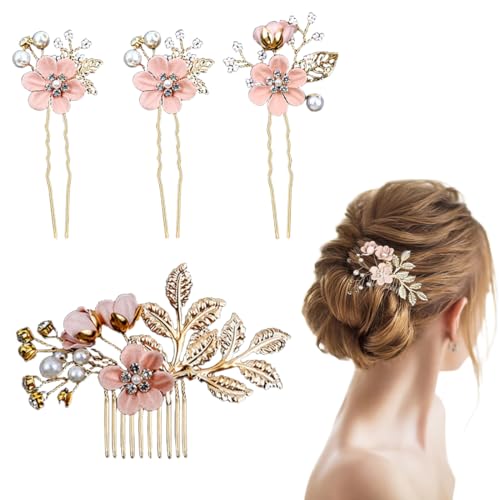 GGUFAY Set di 4 Fermagli Capelli Sposa, Pettine per Capelli da Sposa con Perle,Accessori Capelli Sposa con Strass Rosa,per Accessori per Capelli da Sposa Fascia da Sposa