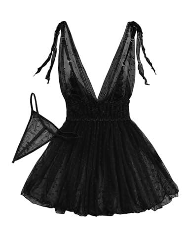 Image of Lilosy Sexy Polka Dots Mesh Sheer Lace Babydoll Chemise Lingerie Set Floral Sleep Wear