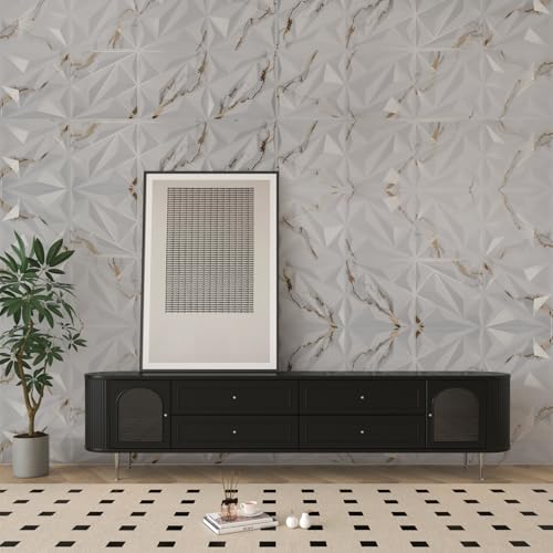 Image of Art3dwallpanels 33 Pack 3D Wall Panel Diamond for Interior Wall Decor, PVC Textured Wall Panels, 12''x12'' Cover 32.Sq.Ft. Gold Veined White