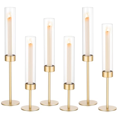 Sziqiqi Hurricane Candle Holders for Wedding: 6 Pcs Gold Candlestick Holders Table Centerpiece - Taper Candle Sticks Holder for Christmas Party