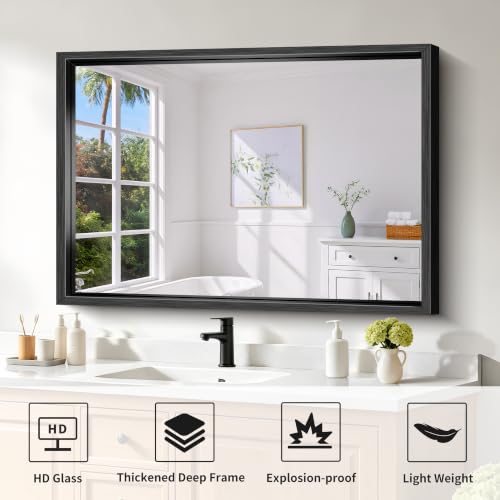 Image of Bathroom Mirror, 42 x 30 Inch Brushed Black Rectangle Mirror, 0.6 inch Thickened Deep Frame Vanity Mirrors for Bathroom Sink, Shatterproof Tempered Glass, Antirust, Horizontally or Vertically