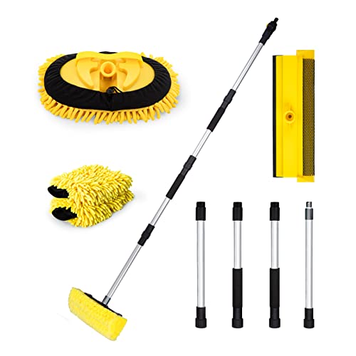 5-In-1 Car Wash Brush With Long Handle, Car Wash Kit With 56" Extension Pole, 10" Soft Bristle Cleaning Brush, Window Squeegee, Car Wash Mitt(2X), Microfiber Wash Mop For Car, Truck, Rv, House Siding #TOP28