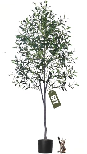 6-Foot Artificial Olive Tree with White Basin Realistic Fruit, Used for Modern Home Office Living...