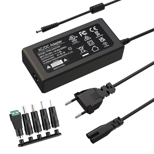 24V AC Netzteil,DC-Anschlussstecker mit 5 verschiedenen Spezifikationen,Kompatibel mit DC 24V0.5-2.7A (Leistung 65W), AC-Eingang 120-240V,für LED-Leuchten,NVR-DVR Kameras, Drucker,Massagestühle etc