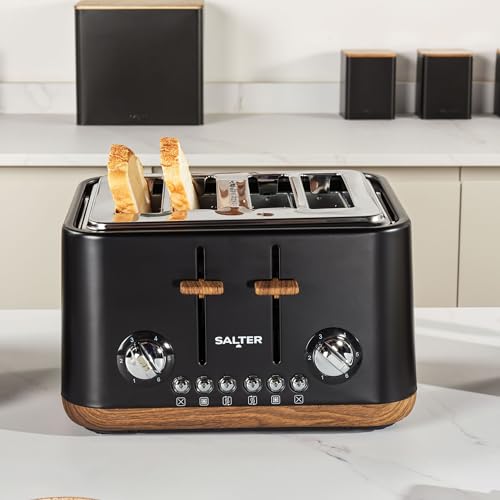 Salter EK5823BLK Toronto 4-Slice Toaster – Wide Slots, 6 Browning Levels, Removable Crumb Tray, Defrost, Reheat, Cancel, Self-Centring Function, High-Lift Eject, 1630 W, Wood Effect/Black, Plastic