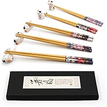 5 Pairs Natural Bamboo Chopsticks and 5 Pcs Ceramic Cat Rest Set - Classic Japanese Style Cute Lucky Cat Pattern, 8.6 Inch, Reusable, Dishwasher Safe - for Sushi, Ramen, Asian Dining Lucky Cat