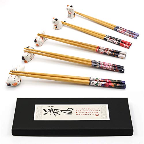 5-Pair Bamboo Chopsticks Set with 5 Ceramic Lucky Cat Rests, Gift Set by M MUGIT - Used condition - US$10.11
