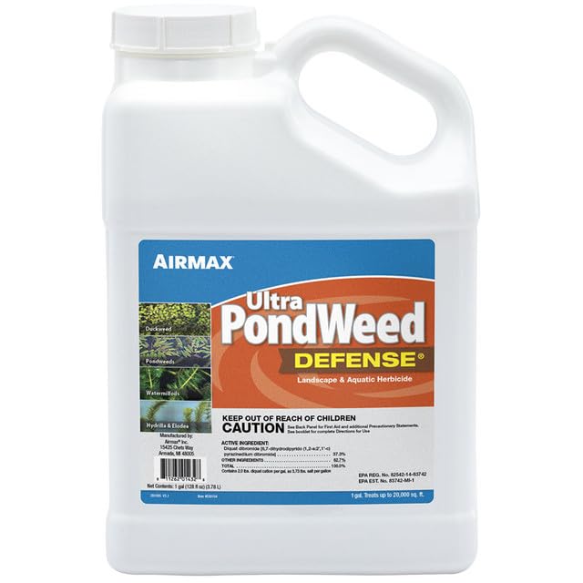 Airmax Ultra Pondweed Defense Aquatic Weed & Plant Killer, Easy Spray Application to Clean & Clear Large Pond & Lake Water, Liquid Treatment Control Concentrate, Fish, Pet & Animal Safe, 1 Gallon