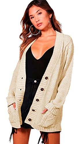 Pretty Attitude Womens Ladies Chunky Cable Knit Cardigan Button Long Sleeves Grandad Plus Sizes (Cream, 10)