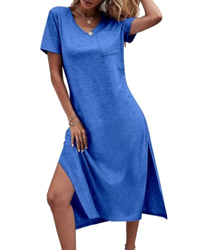Image of Dyexces Women Summer T Shirt Dress Casual Short Sleeve V Neck Maxi Dresses Loose Side Slit Long Tshirt Dress with Pockets