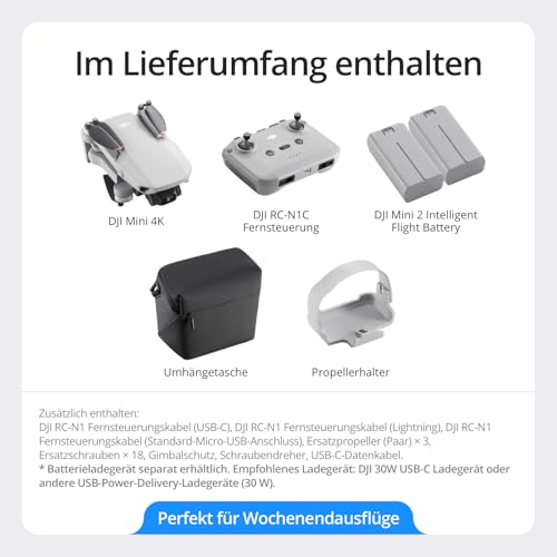 DJI Mini 4K Camera Drohnen Combo mit 4K UHD Kamera für Erwachsene, 3-Achsen-Gimbal-Stabilisierung, 10 km Videoübertragung, Autom. Rückkehr, windstabil, 2 Akkus 62 min Flugzeit, QuickShots, Unter 249g