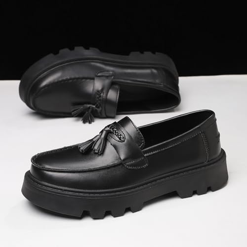Image of Men's Black Soft Patent Leather Platform Chunky Heel Loafers Fashion Tassel Business Casual Formal Work Shoes Non-Slip Lug Sole Slip-On Penny Loafers