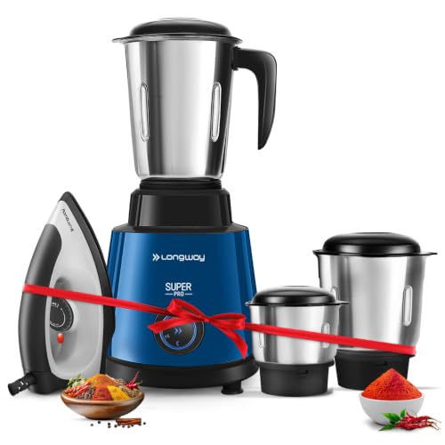Image of Longway Super Pro Mixer Grinder with Kwid 1100W Dry Iron | Up to 700 Watt Powerful Motor | 2 Years Warranty (Blue & Black, 3 Jars Combo)