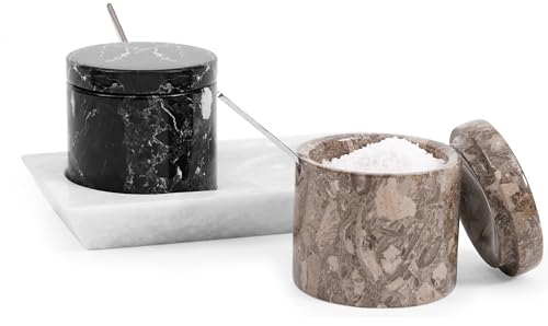 Radicaln Bodega de sal de mármol con tapa y bandeja de 3 pulgadas, contenedor de sal oceánica y negra, juego de 2 tarros de condimentos, contenedor de almacenamiento de especias para encimera de