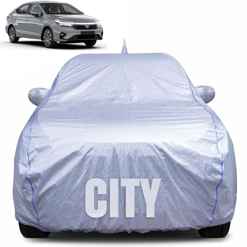 Image of 100% Waterproof Car Body Cover for Honda City with Mirror Pocket, Heat & UV Resistant, Triple Stitched, Soft Lining, Bottom Elastic & Piping (Silver Reflective)
