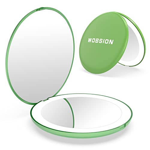 wobsion Reise-Make-up-Spiegel mit Licht, 1-fache/10-fache Vergrößerungsspiegel, doppelseitiger Taschenspiegel, LED-kleiner Spiegel für Geldbörse, 8.9 cm Handspiegel, Geschenk, grün Cover