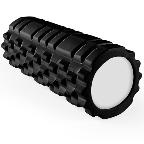 unycos - Faszienrolle (33x14 cm), Fitness-Rolle mit 3D Texturmassage und 50 Übungen E-Book, Hartschaumrolle zur Selbstmassage, Belastbar 130 kg, Massagerolle für Funktionales Training (Schwarz)