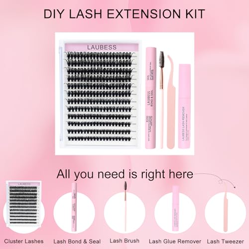 Image of Lash Extension Kit LAUBESS Lash Clusters Kit Cluster Eyelash Extensions Kit Eyelash Clusters Lash Bond and Seal Waterproof Tweezers Brush Lash Glue Remover (Kit 50D-C-Mix9-16)