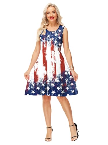 Image of Deerose 4th of July Dress for Women Sleeveless American Flag Patriotic Elastic High Waist Sundress