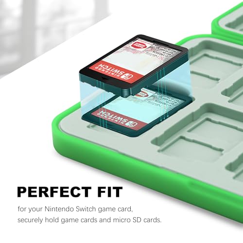 Image of FYY Nintendo Switch Game Case Holder for Switch 2 Cartridge Case with 24 Game Card Slots & 48 Micro SD Card Slots, Hard Shell, Silicone Lining Green L Pattern