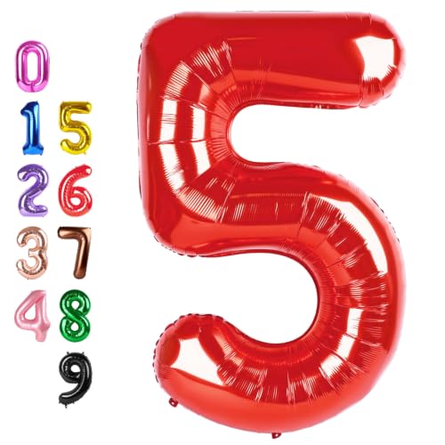 Image of Number Balloons 5 Balloon Red for 5th Birthday Party Decorations, 40 inch | Saturated Color, Large 40 in, With Straw & Hanging Hole, For Back-to-School Season, Wedding, Christmas, New Year, Anniversary