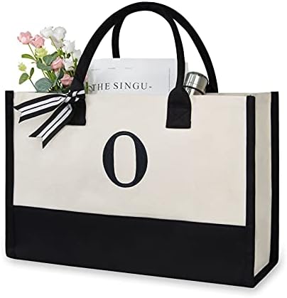 Personalized Initial Canvas Beach Bag, Monogrammed Gift Tote Bag for Women