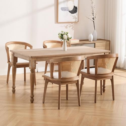 Image of BESTANO Rattan Dining Chairs Set of 2, Mid Century Modern Farmhouse Wood Dining Room Chairs, Upholstered Comfortable Kitchen Dining Side Chair with Cane Woven Back, Beige Linen
