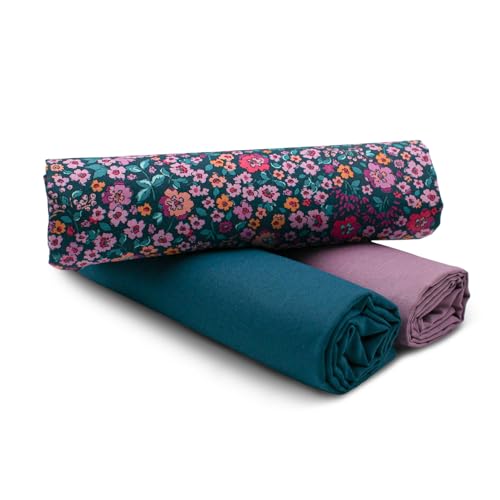 VmG Store Juego de tejido de algodón de 1,5 m, tejido de diseño + 2 colores lisos, 100 % algodón, selección de materiales (Digital Flower Dark Petrol, set 82)