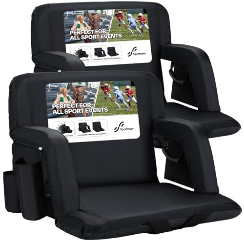 Sportneer Bleacher Chairs with Back and Cushion: 24'' Extra Wide 2.5'' Thick Comfy Cushion Stadium Seats with Armrest, 6 Adjustable Angle Bleacher Seat for Sport Events Concerts Parks Camping Fishing