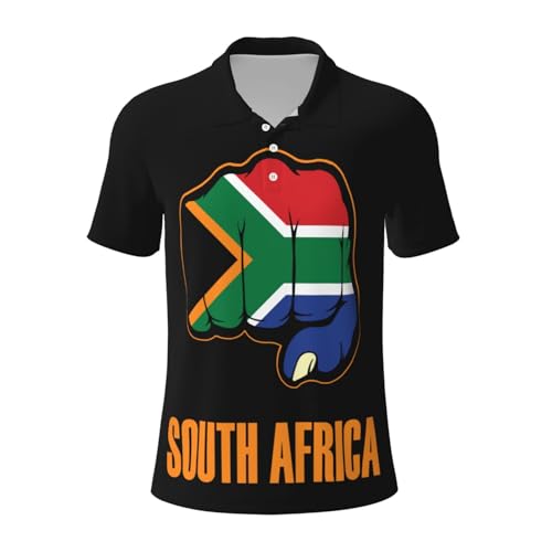 South Africa Flag Fist Design Polo Shirts for Men, Classic Short Sleeve Collared Golf Polo, Casual Business Slim Fit Tops Large